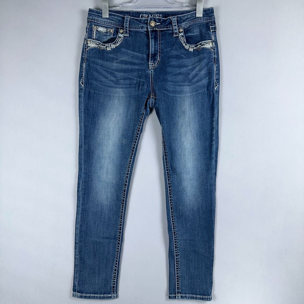Grace In LA Jeans Womens Size 31 Embellished Pockets Skinny Leg Blue Medium Wash