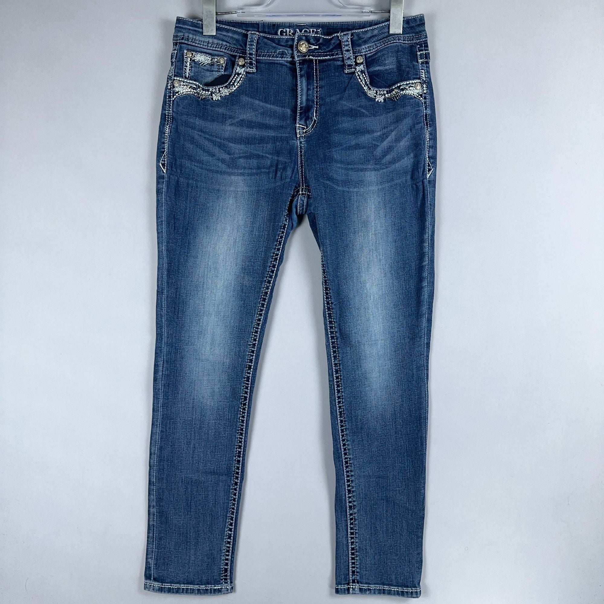 Grace In LA Jeans Womens Size 31 Embellished Pockets Skinny Leg Blue Medium Wash