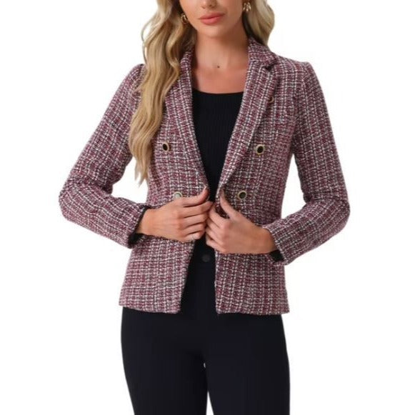 Allegra K Plaid Tweed Blazer Jacket Size Large  Double-Breasted Red Black White