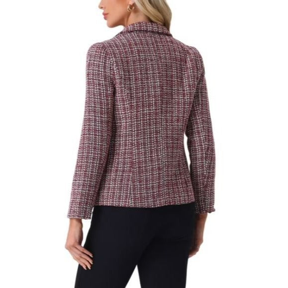 Allegra K Plaid Tweed Blazer Jacket Size Large  Double-Breasted Red Black White