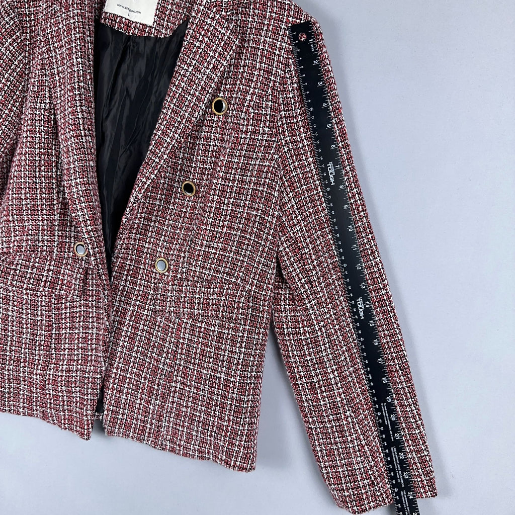 Allegra K Plaid Tweed Blazer Jacket Size Large  Double-Breasted Red Black White
