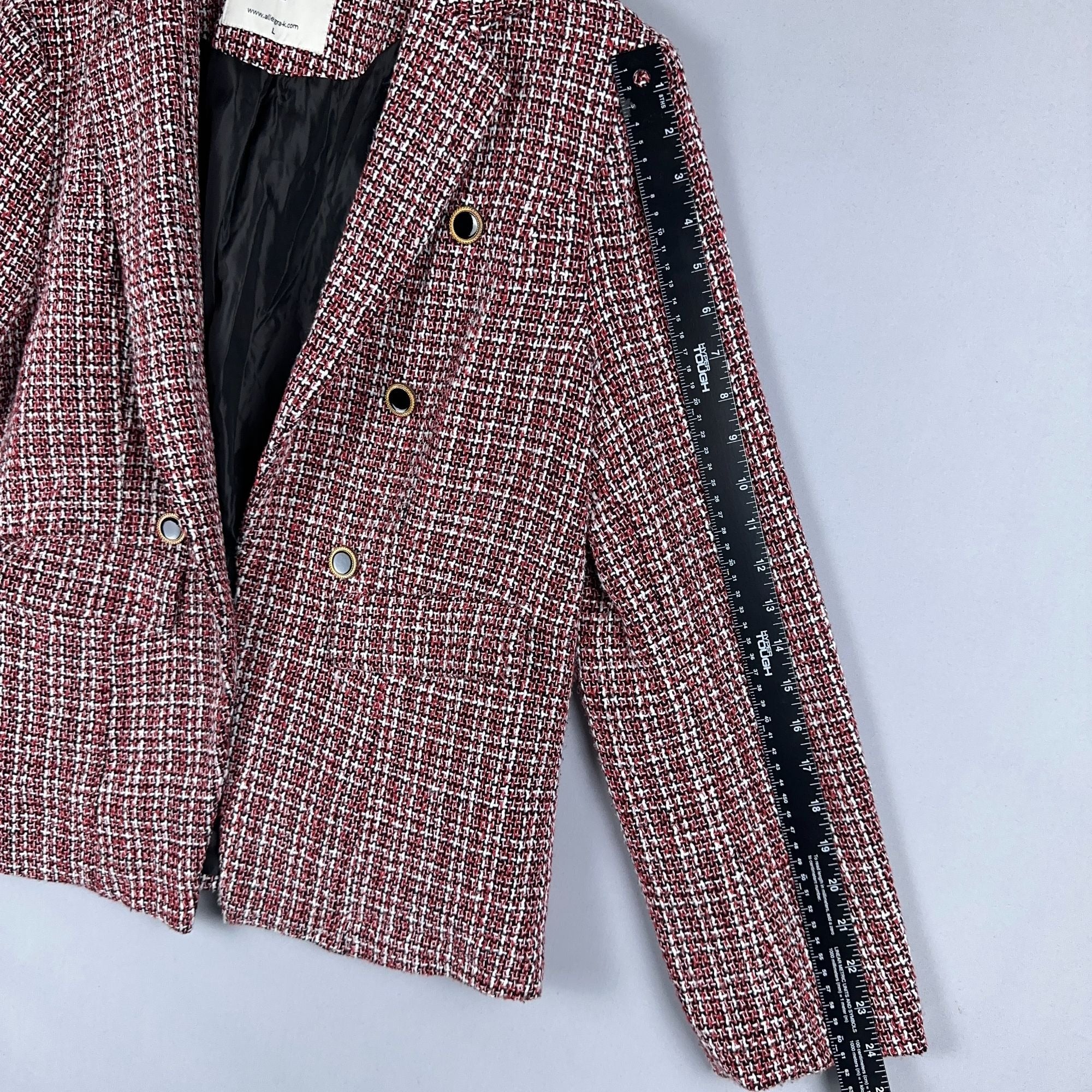 Allegra K Plaid Tweed Blazer Jacket Size Large  Double-Breasted Red Black White