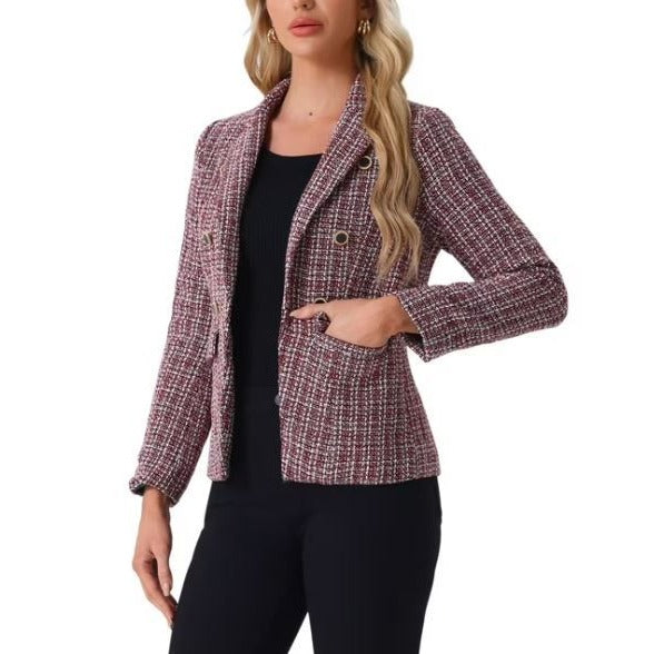 Allegra K Plaid Tweed Blazer Jacket Size Large  Double-Breasted Red Black White