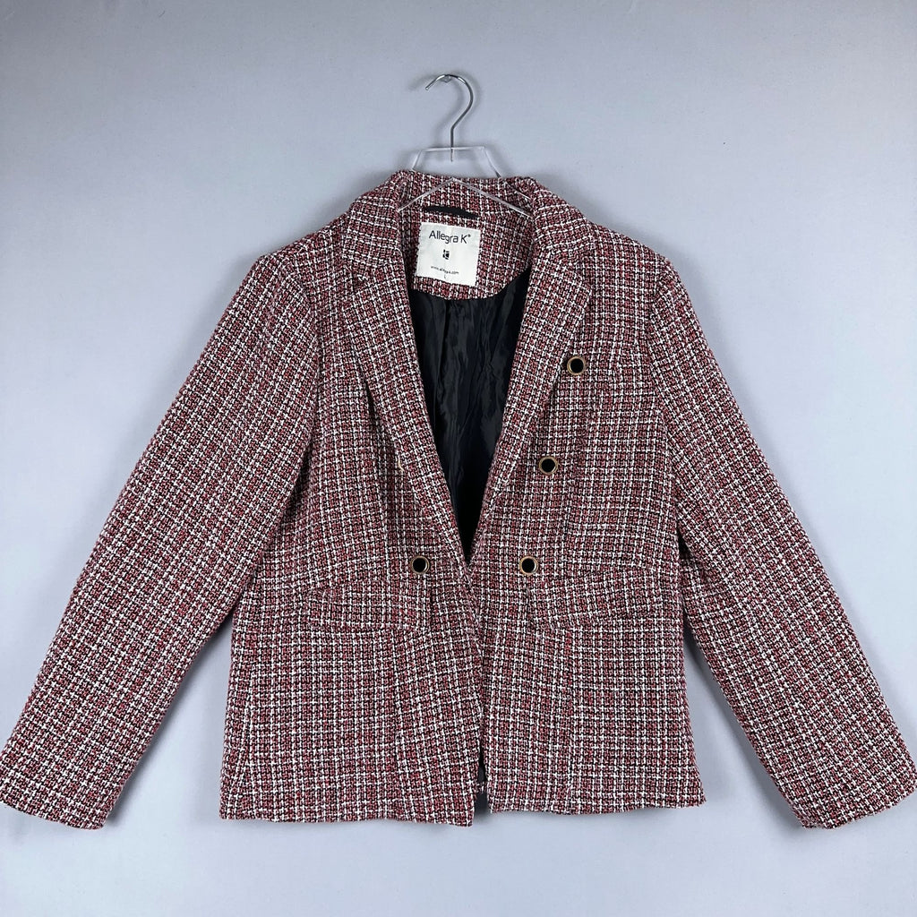 Allegra K Plaid Tweed Blazer Jacket Size Large  Double-Breasted Red Black White