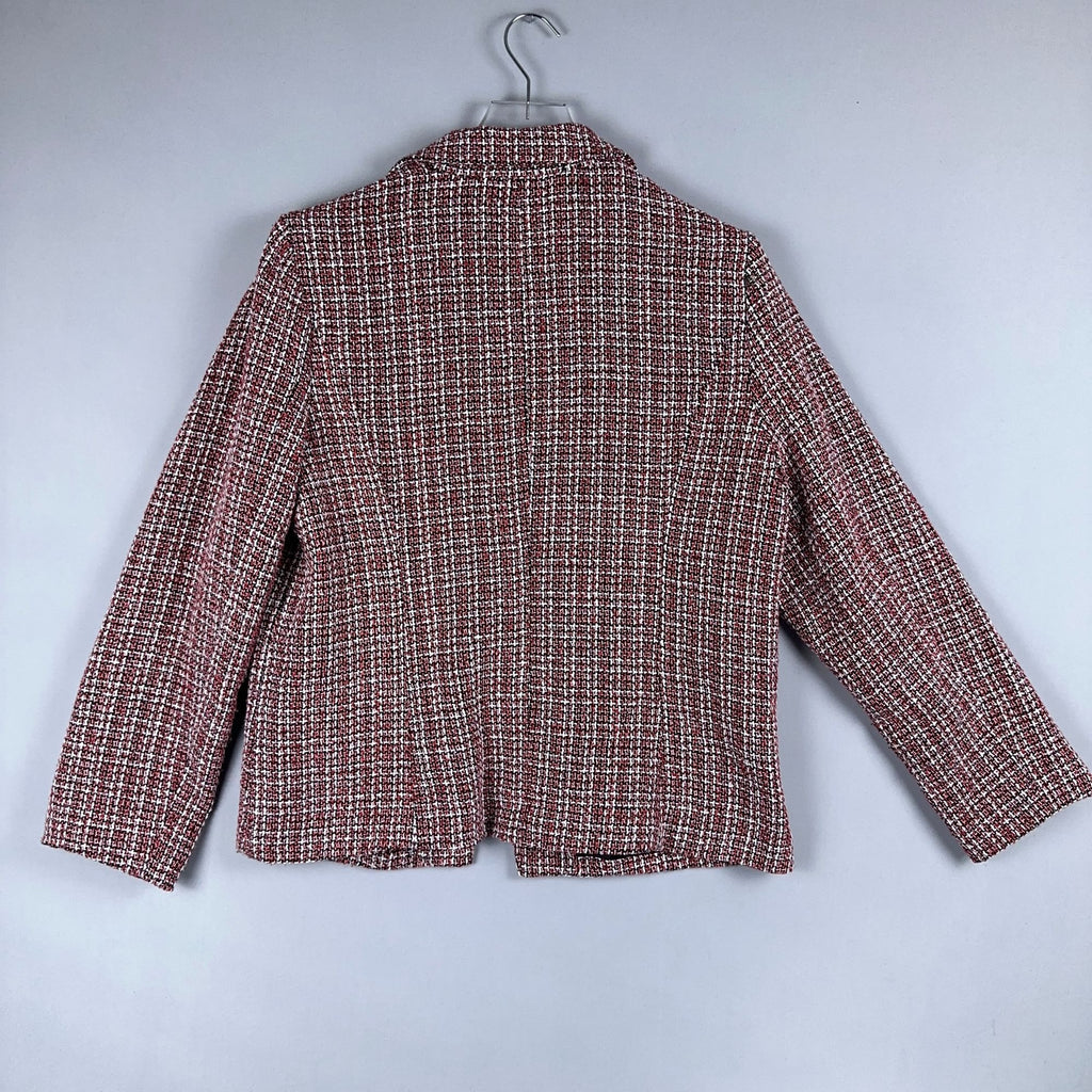 Allegra K Plaid Tweed Blazer Jacket Size Large  Double-Breasted Red Black White