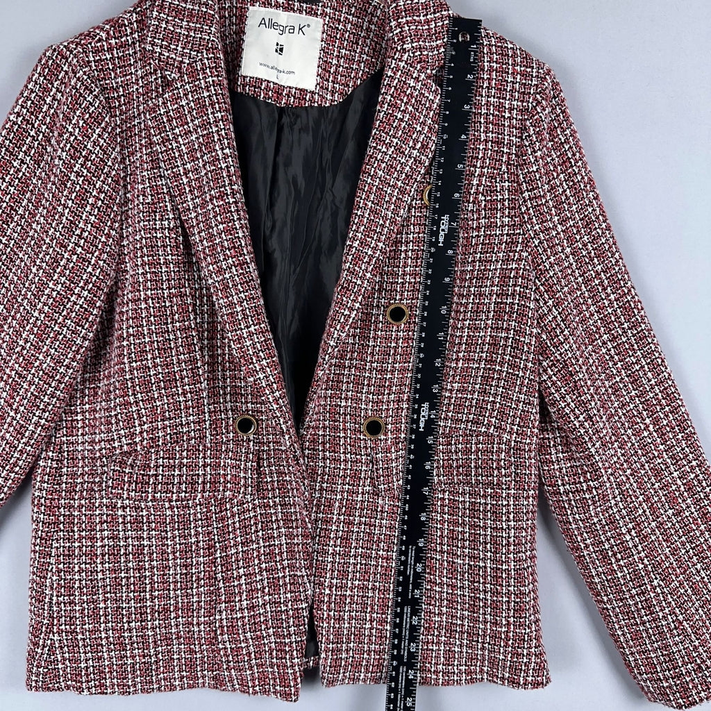 Allegra K Plaid Tweed Blazer Jacket Size Large  Double-Breasted Red Black White