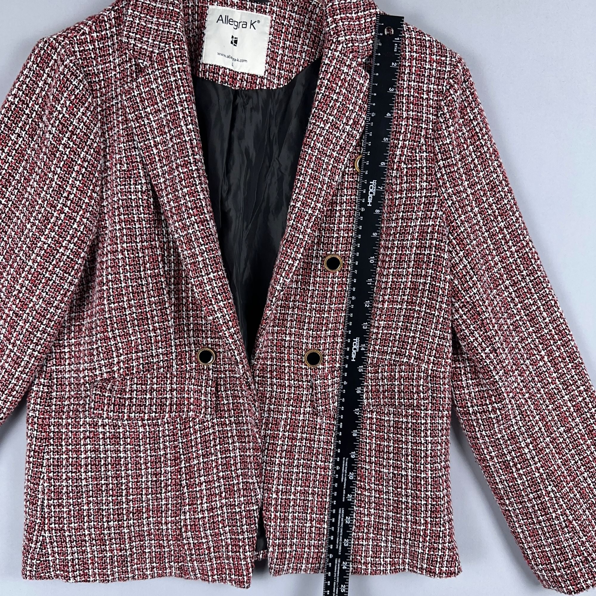 Allegra K Plaid Tweed Blazer Jacket Size Large  Double-Breasted Red Black White
