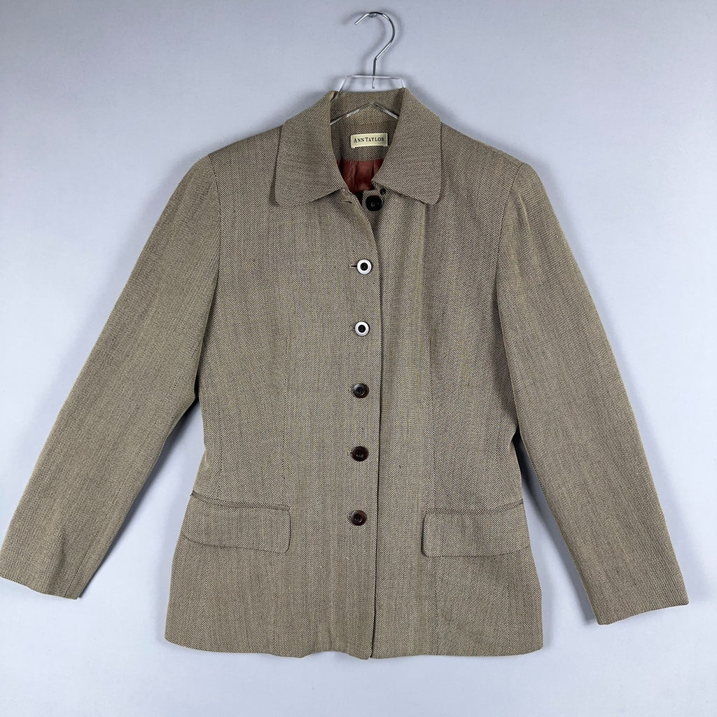Ann Taylor Blazer Jacket Size Small Herringbone Brown Fully Lined Made USA