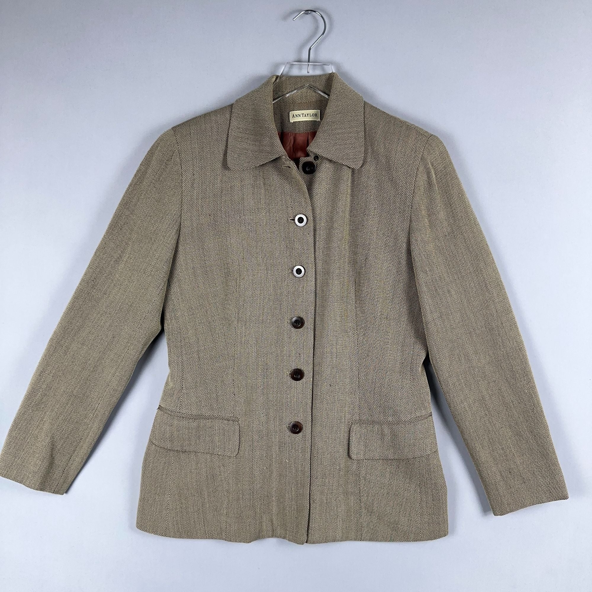 Ann Taylor Blazer Jacket Size Small Herringbone Brown Fully Lined Made USA