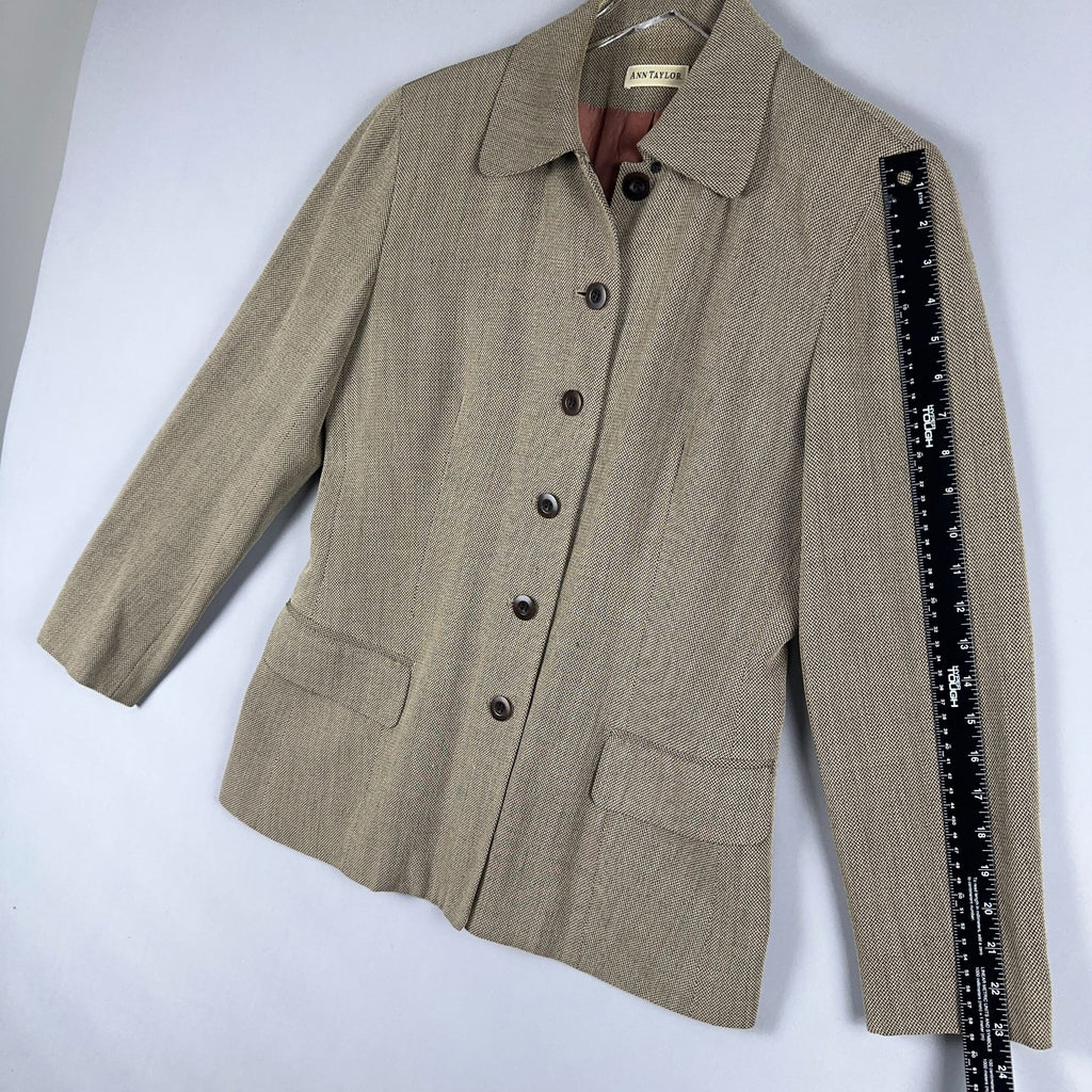 Ann Taylor Blazer Jacket Size Small Herringbone Brown Fully Lined Made USA