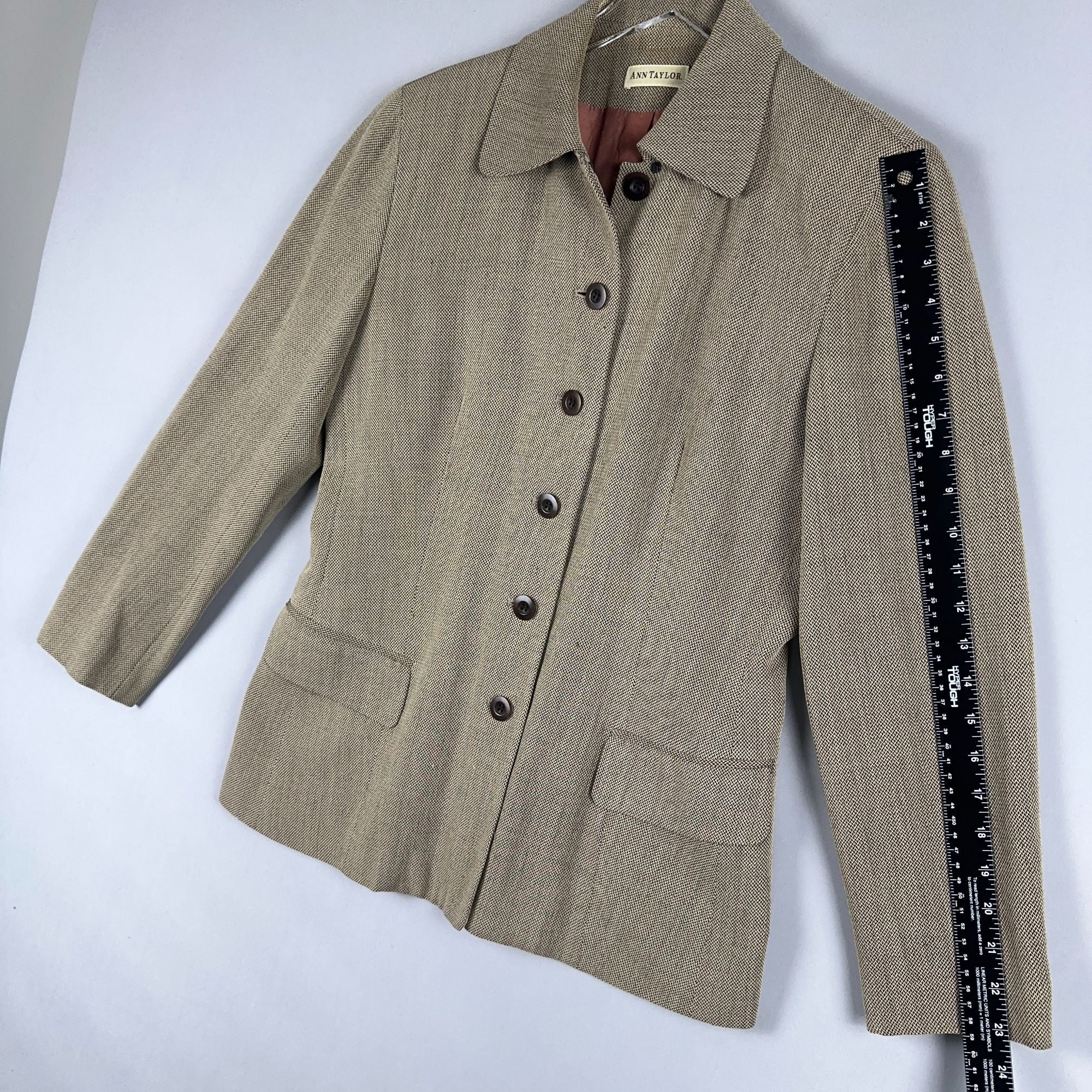 Ann Taylor Blazer Jacket Size Small Herringbone Brown Fully Lined Made USA
