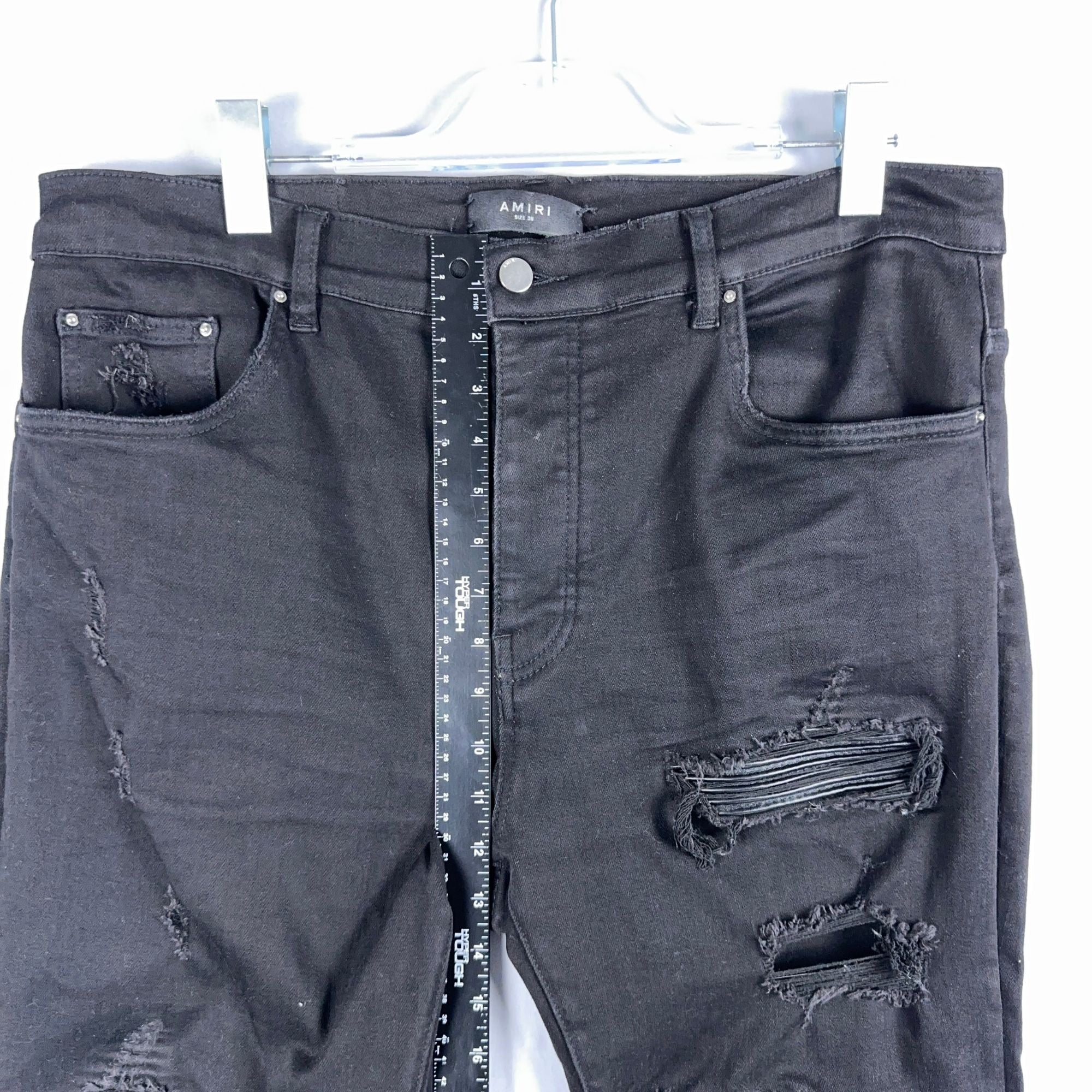Amiri  Jeans Mens Size 38 Distressed Skinny Black Leather Patch Ripped Made In USA