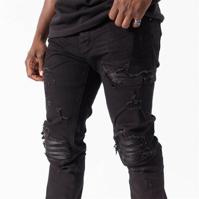 Amiri  Jeans Mens Size 38 Distressed Skinny Black Leather Patch Ripped Made In USA