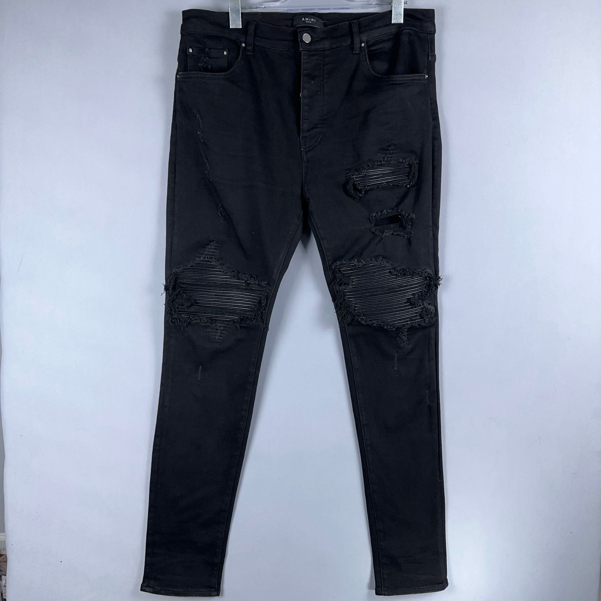 Amiri  Jeans Mens Size 38 Distressed Skinny Black Leather Patch Ripped Made In USA