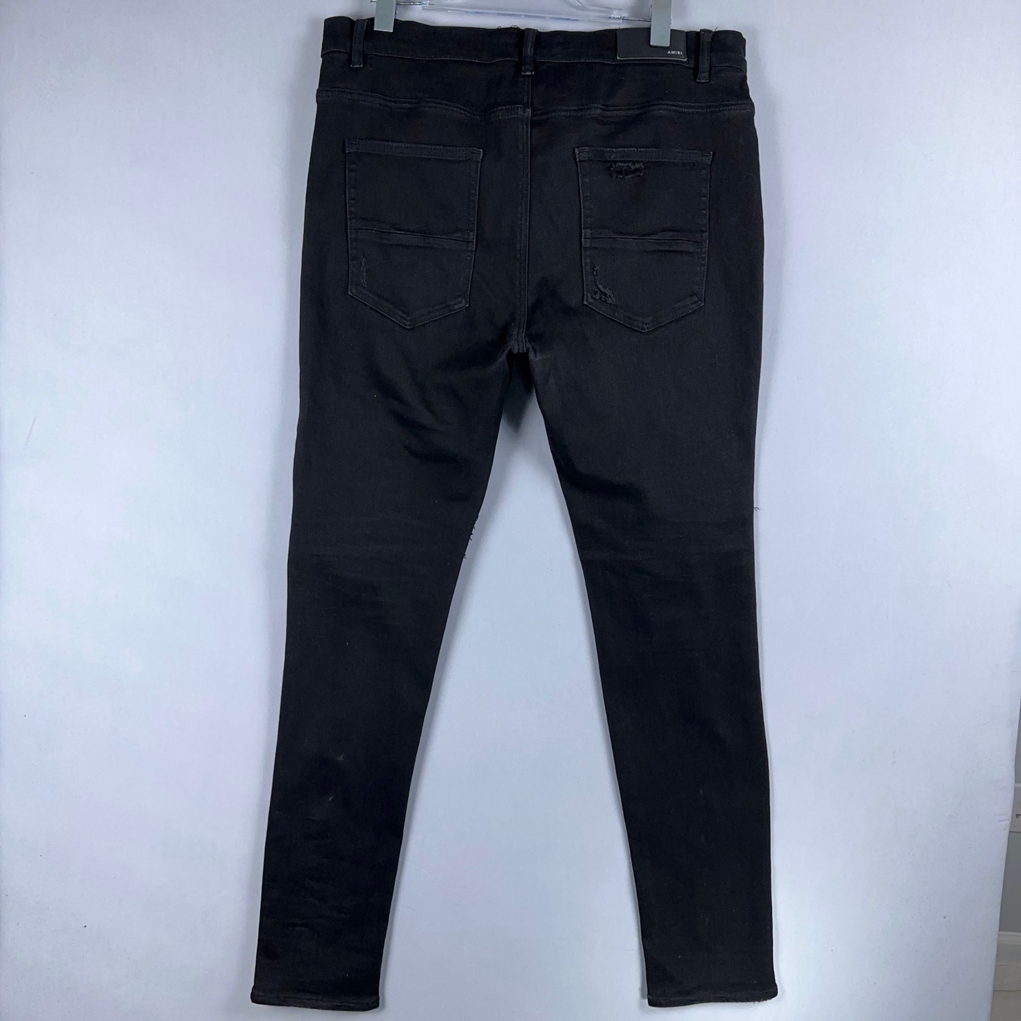 Amiri  Jeans Mens Size 38 Distressed Skinny Black Leather Patch Ripped Made In USA