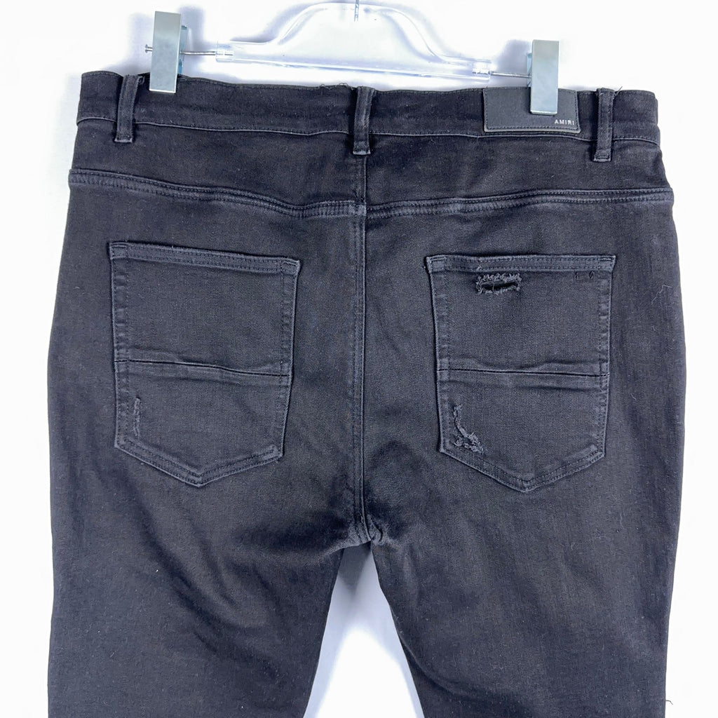 Amiri  Jeans Mens Size 38 Distressed Skinny Black Leather Patch Ripped Made In USA
