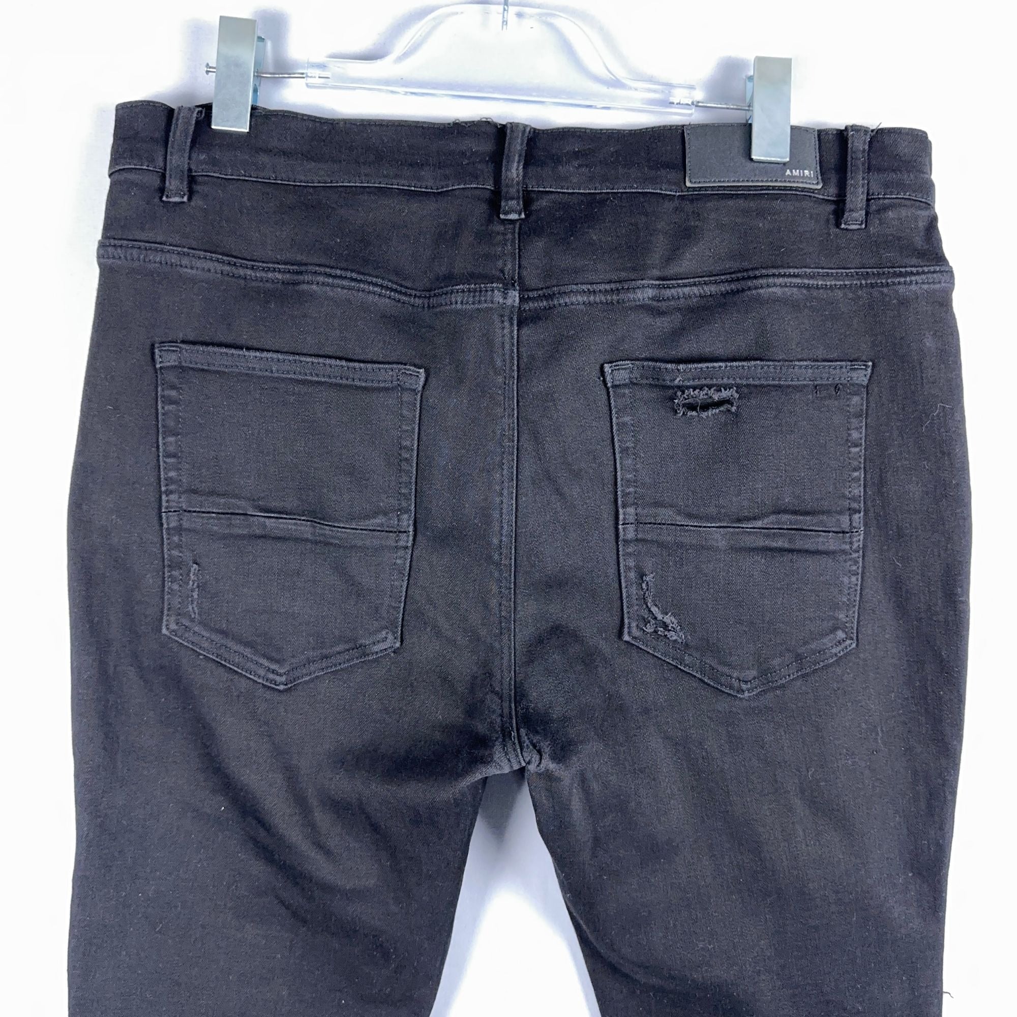 Amiri  Jeans Mens Size 38 Distressed Skinny Black Leather Patch Ripped Made In USA