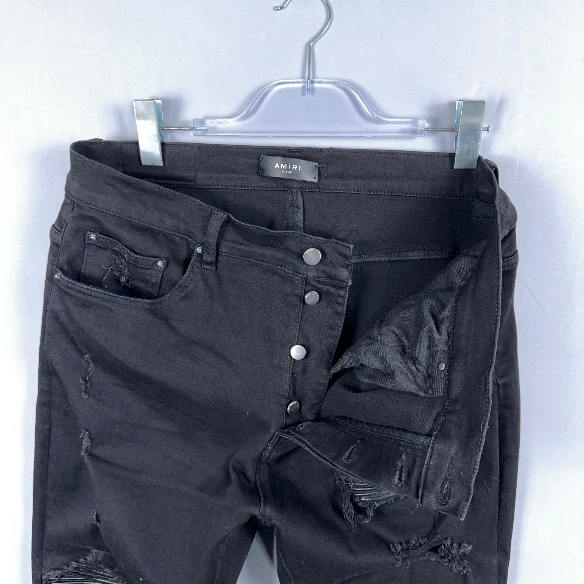Amiri  Jeans Mens Size 38 Distressed Skinny Black Leather Patch Ripped Made In USA