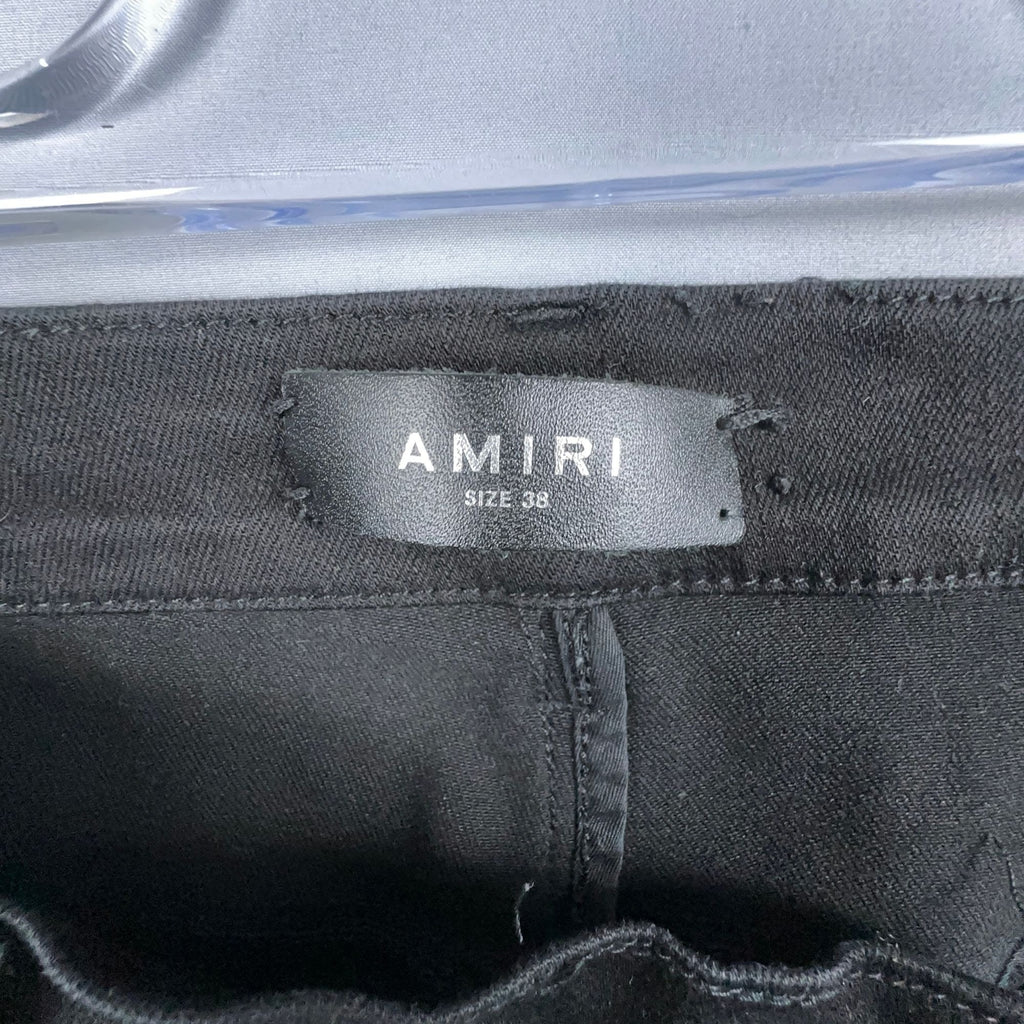 Amiri  Jeans Mens Size 38 Distressed Skinny Black Leather Patch Ripped Made In USA