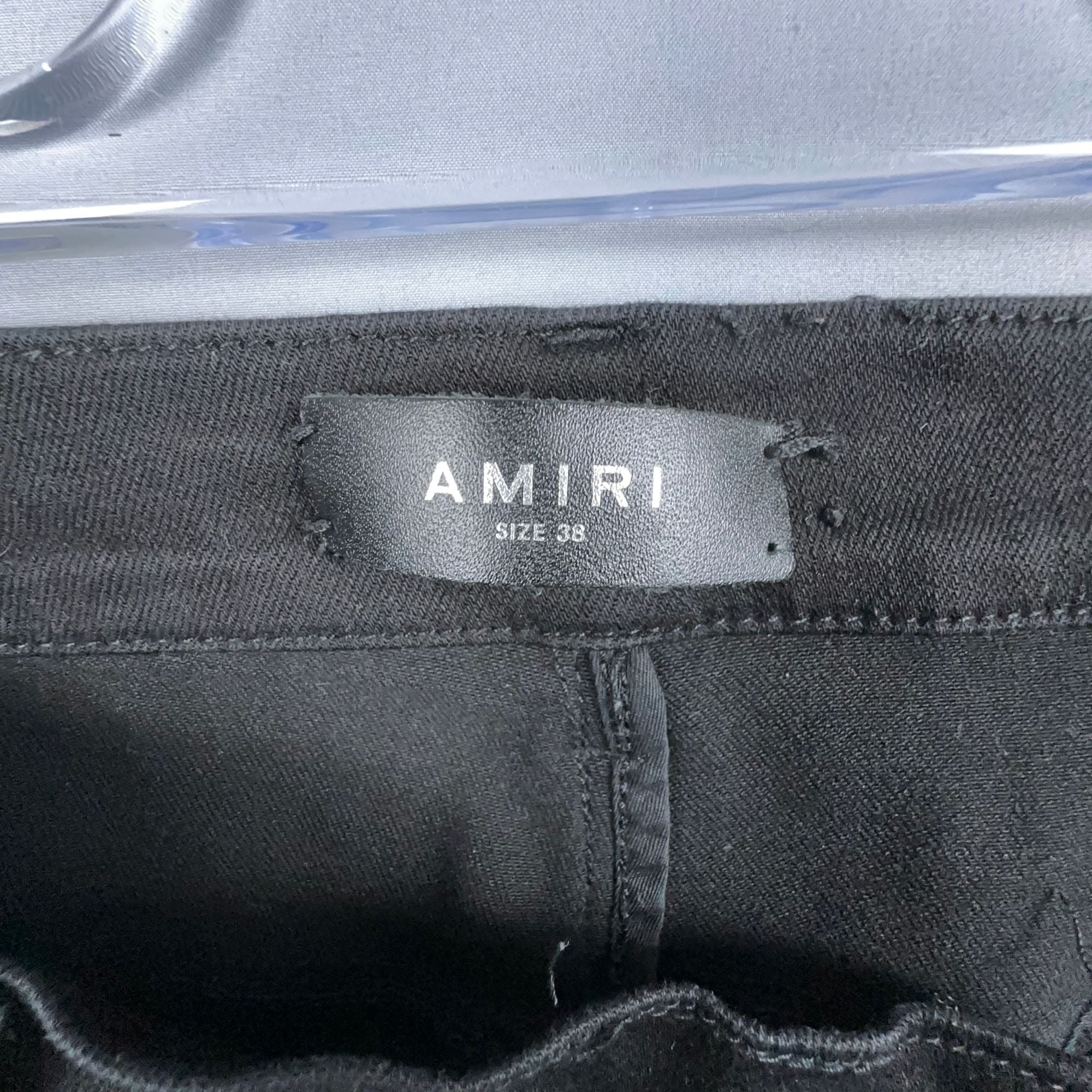 Amiri  Jeans Mens Size 38 Distressed Skinny Black Leather Patch Ripped Made In USA