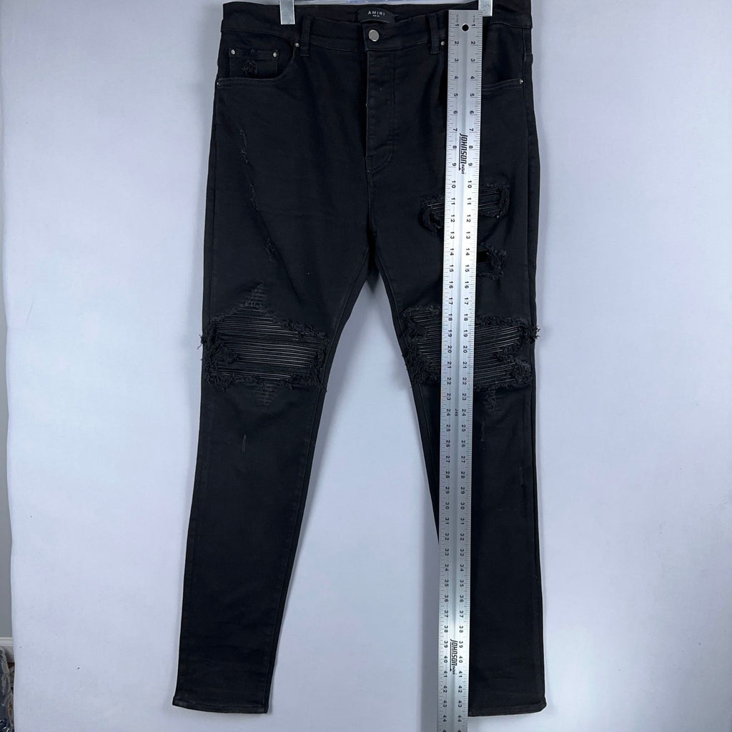 Amiri  Jeans Mens Size 38 Distressed Skinny Black Leather Patch Ripped Made In USA